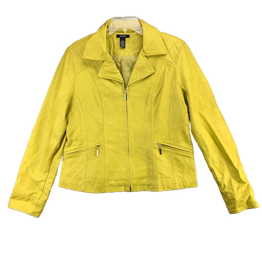 Alfani Womens Moto Faux Leather Jacket Sz Large Luxe Lime Zip Pockets Collared